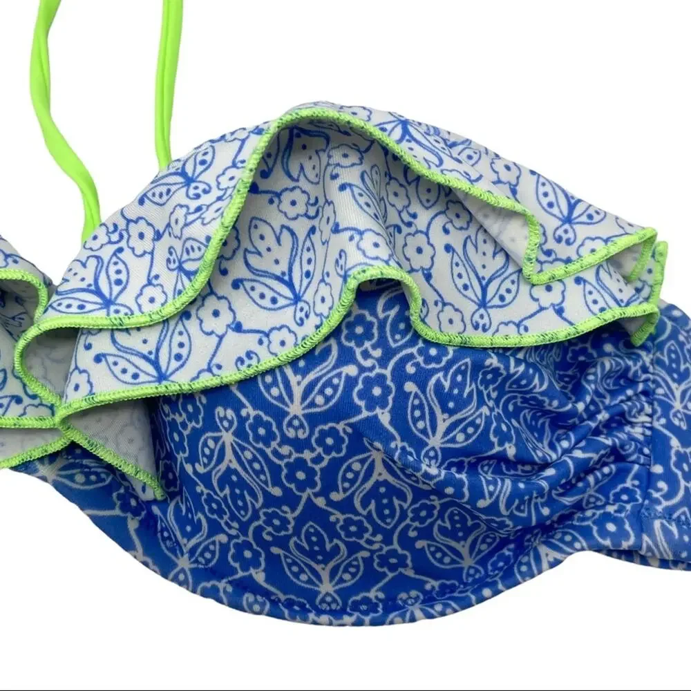 Victoria’s Secret Blue Floral Print Ruffle Neo Green Tie Bikini Top Size 34 B